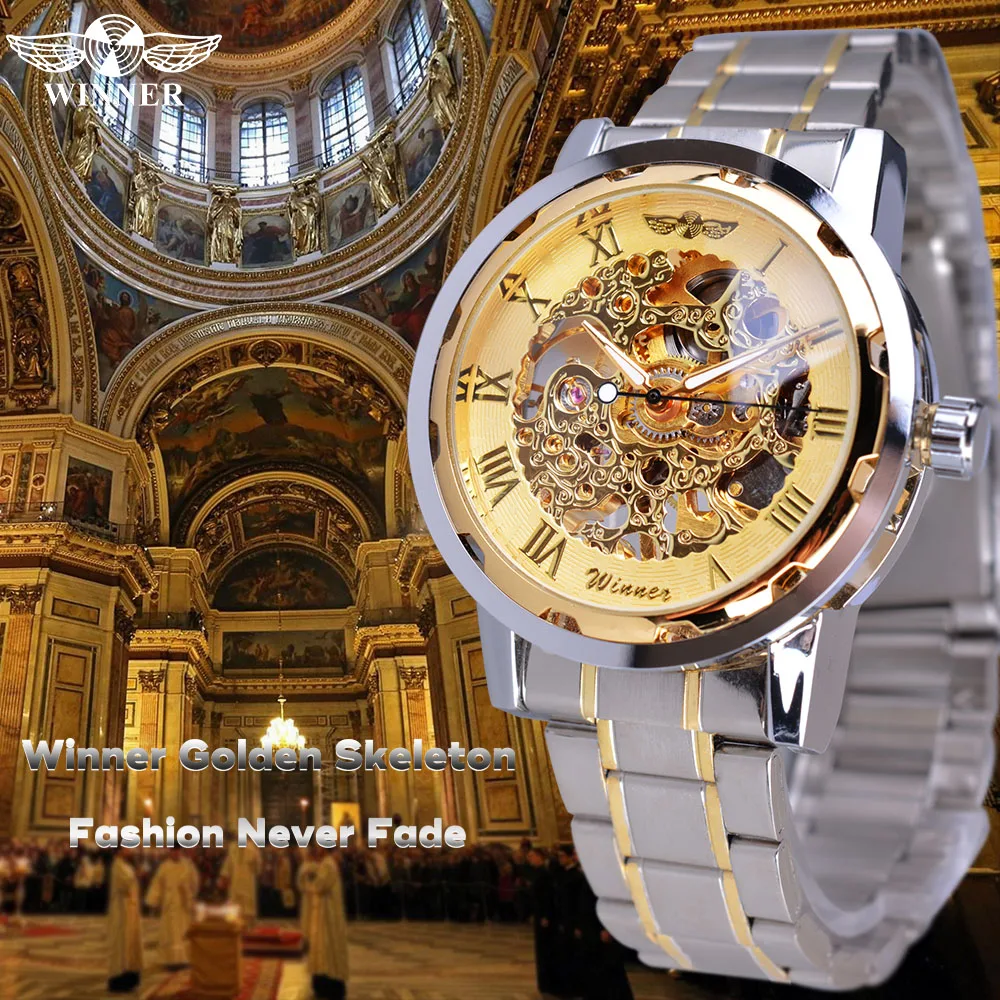Winner Classic Design Transparent Case Golden Movement Inside Skeleton Wrist Watch Men Watches Top Brand Luxury Mechanical Watch