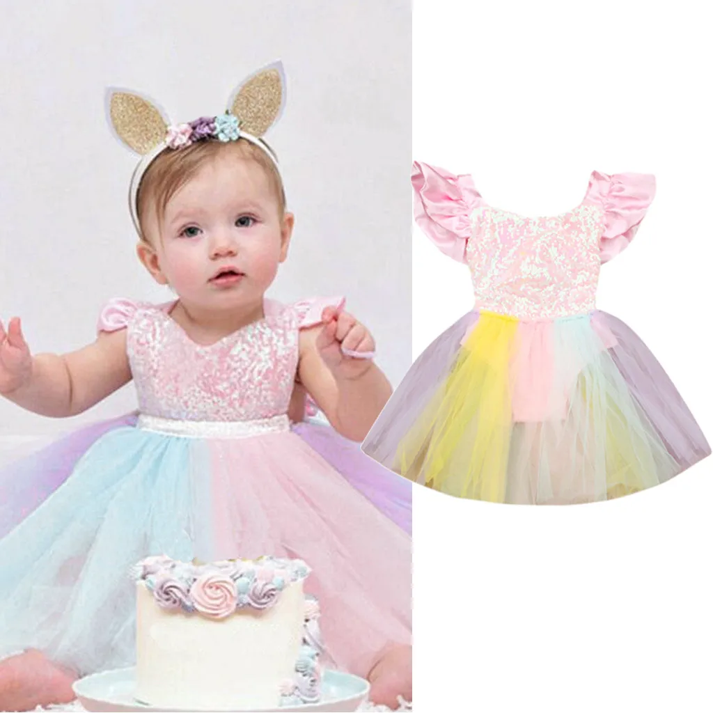 

Toddler Kid Baby girls summer dresses Sleeveless Rainbow Sequined Lace Princess Romper Dress princess dress vestido#DA