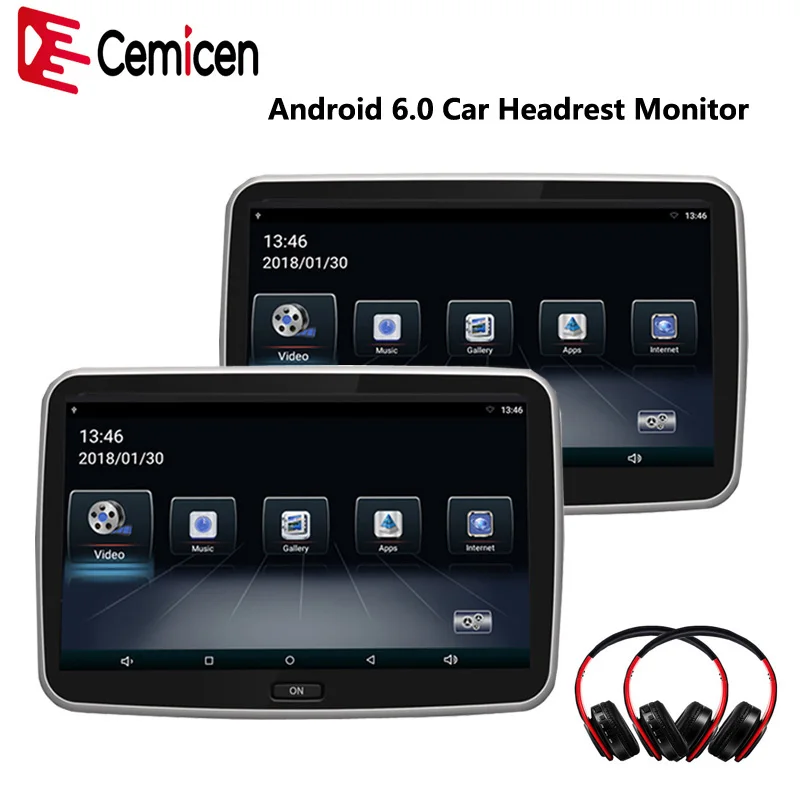 Cemicen 2PCS 10.1 Inch Android 6.0 Car Headrest Monitor Touch Screen HD 1080P WIFI/USB/SD/Bluetooth/FM Transmitter/Speaker/MP5 | Автомобили