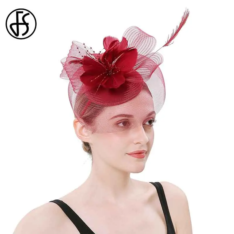 FS Wine Red Black Hat Fascinators For Weddings Flower Veil Pillbox Hats