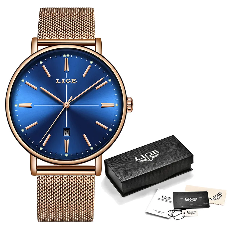 Роскошный бренд LIGE модные женские часы женские наручные часы маленький циферблат кварцевых часов водонепроницаемые часы из нержавеющей стали браслет - Цвет: Rose gold blue