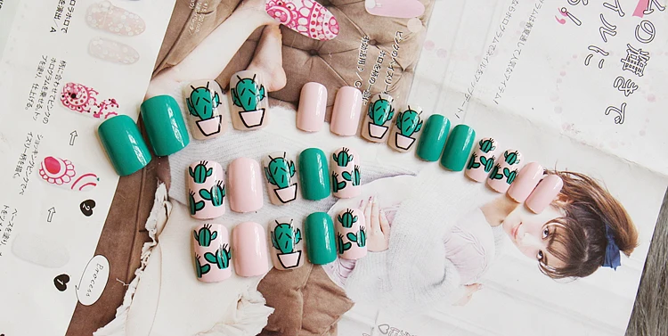 Модные накладные ногти с рисунком кактуса, японский крем, чистый цвет, милые накладные ногти, 24 шт., с клеем, женские накладные ногти