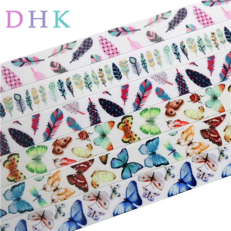 DHK 7/8 'Ƌ ярдов перьев бабочки напечатан grosgrain ленты ленточный аксессуар hairbow