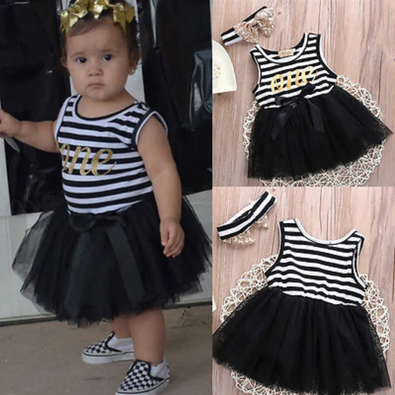 

Princess Newborn Baby Kids Girls Summer Sundress Baby Girls Tutu Dress Striped Bowknot Headband Ball Gonw Girls Dress 0-4Y Black