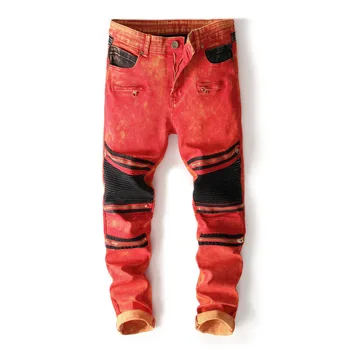 

Hot Sale Orange Black Ripped Denim Knee Hole Zipper Biker Jeans Men Slim Destroyed Torn Jean Pants Hip-Hop Stretch Denim 8806-1#