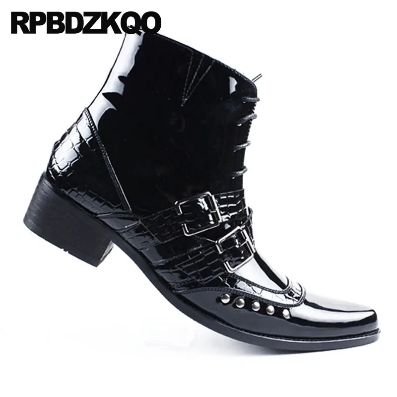 Rivet Punk Snakeskin Mens Black Patent Leather Boots Rock Booties Pointed Toe Fall Shoes Stud British Style Metalic Chunky Ankle