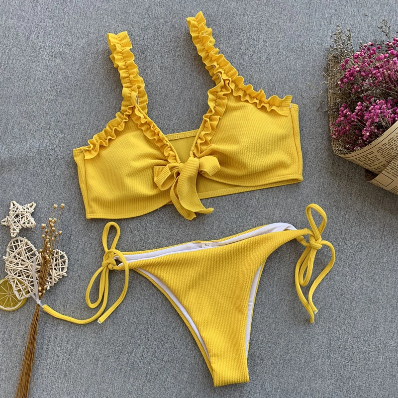 

2019 May New Explosion Models Solid Color Female Bikini Flower Ladies Swimsuit Lotus Leaf Chest Straps Split Women Girl Swimwear