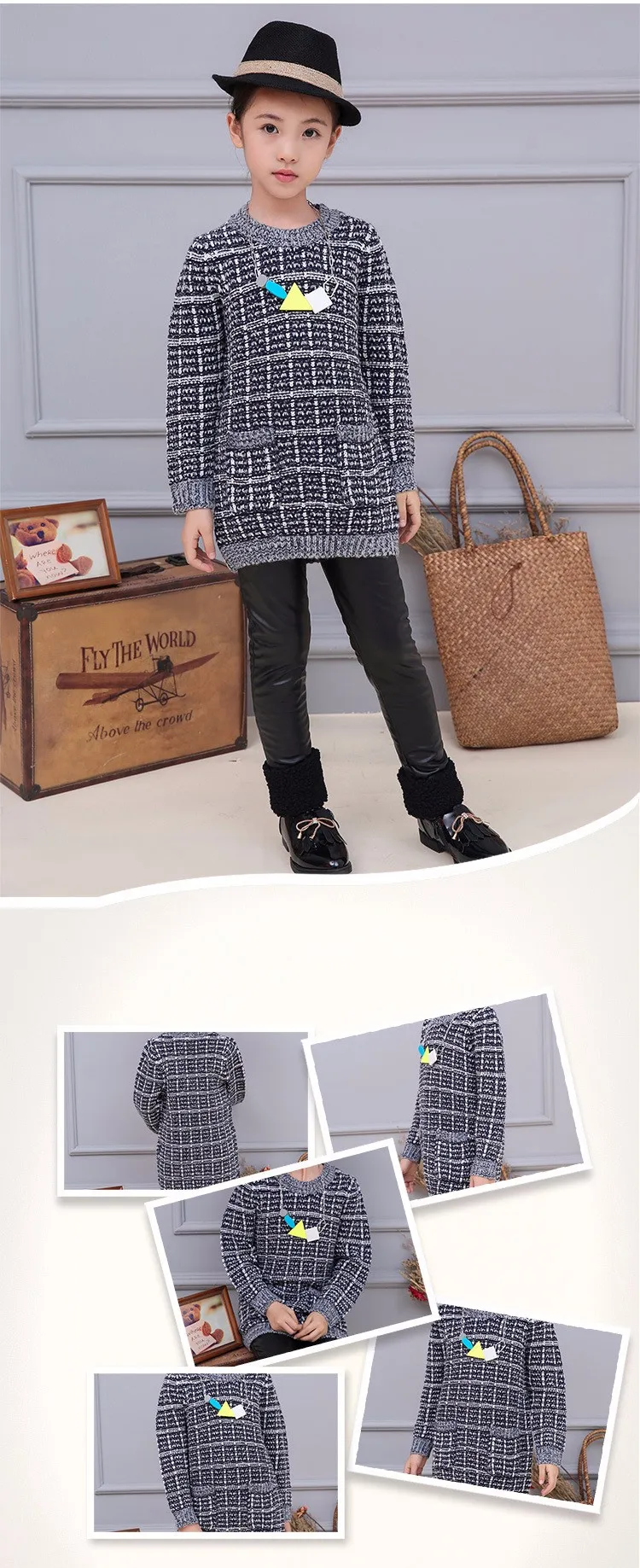 plaid knitting children sweater girl pullovers tops long sleeve autumn 2016 pockets knitted sweater for girls o-neck fall clothes 5 6 7 8 9 10 11 12 13 14 15 16 years old little big teenage girls children sweater girl 2016 (8)