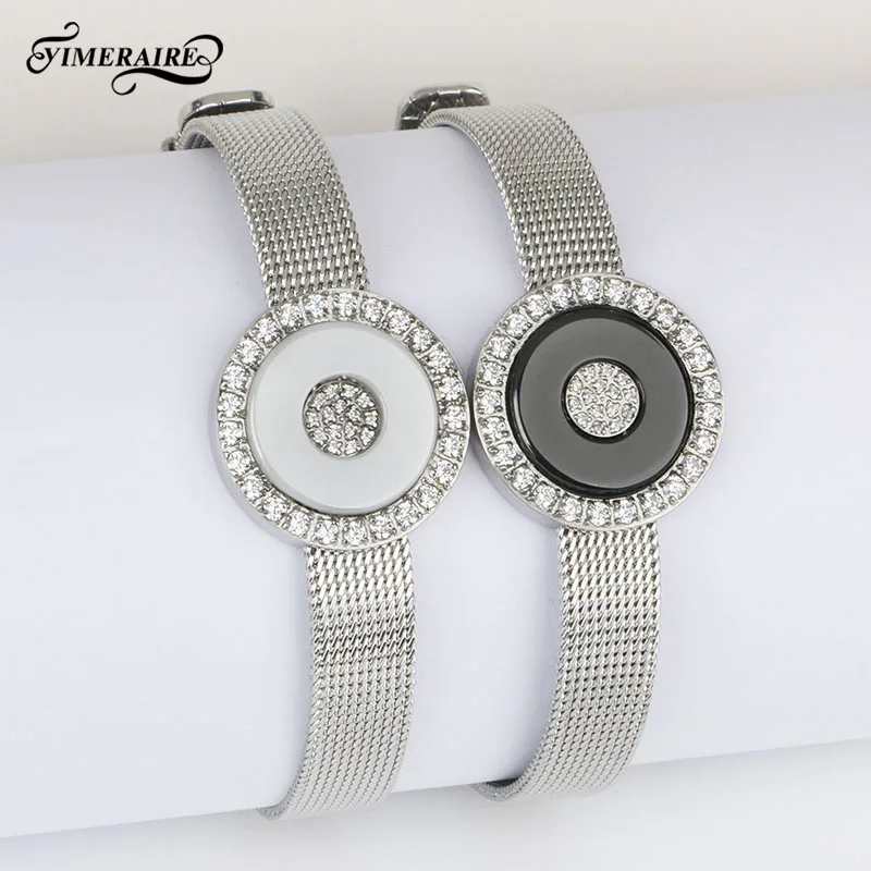 Элегантный женский браслет, черный, белый, Круглый, керамический, серебряный, браслеты для женщин, стальной кристалл, элегантные браслеты, юбилейное ювелирное изделие