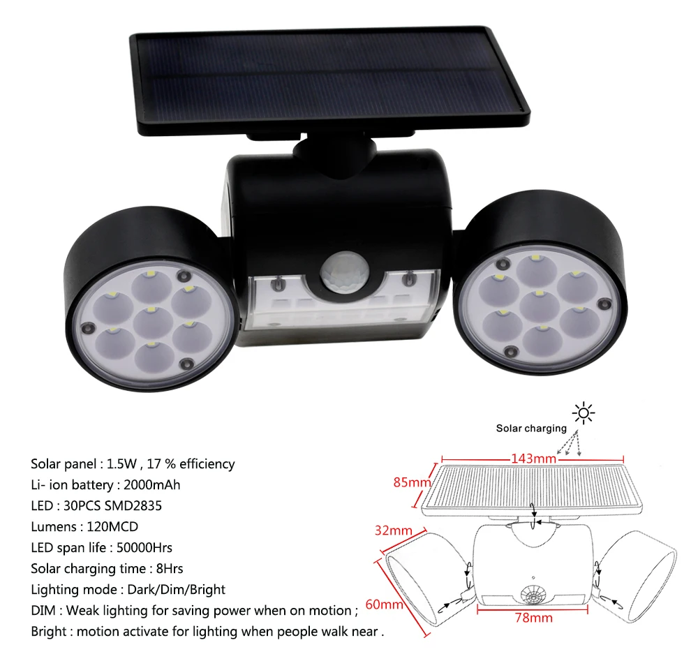 Светодиодный светильник на солнечной батарее с датчиком движения, настенный светильник с двойной головкой, Точечный светильник, водонепроницаемый садовый светильник, уличный светильник для крыльца