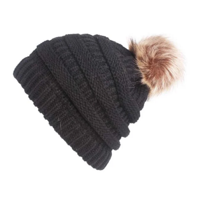 black hat with brown fur pom pom