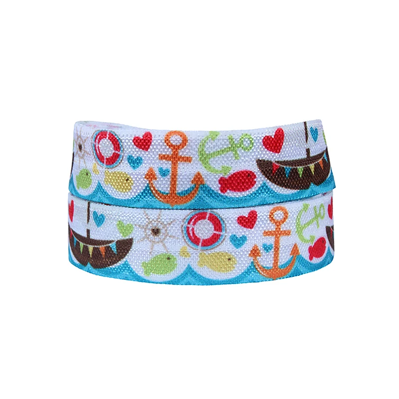

(50 yards/lot) Wholesale nautical summer theme anchor printed fold over elastic