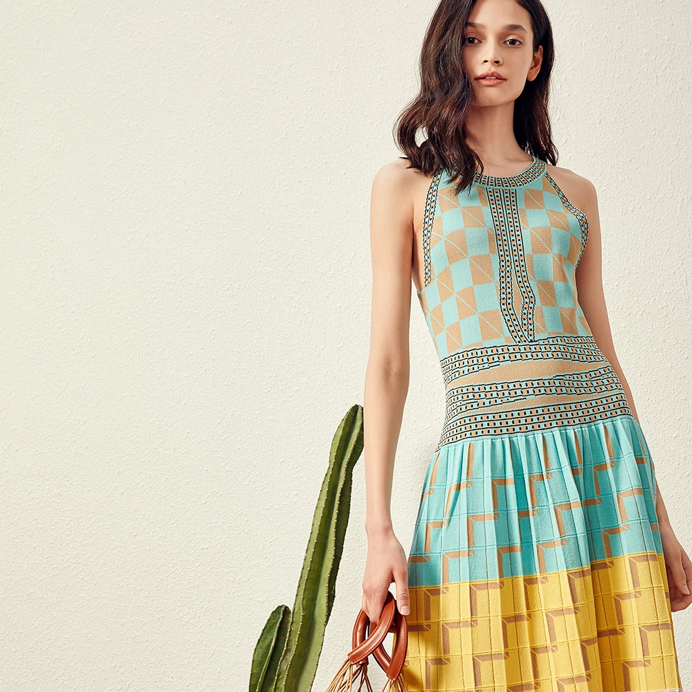 

2019 Summer Women Knitting Dress Sexy Halter Neck Sleeveless Bohemian Plaid Long Sweater Dress ladies Boho vestidos mujer
