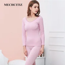 MECHCITIZ Весенняя Новинка хлопок женские термобелье Комплекты о воротник теплый полосатый подштанники Женщины Форма для похудения longies комплект