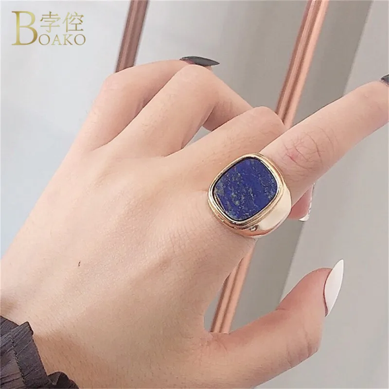 

BOAKO Big Blue CZ Cubic Zircon Stone Rings for Women Anillos Geometric Gold Wedding Band Fashion Promise Engagement Ring Jewelry