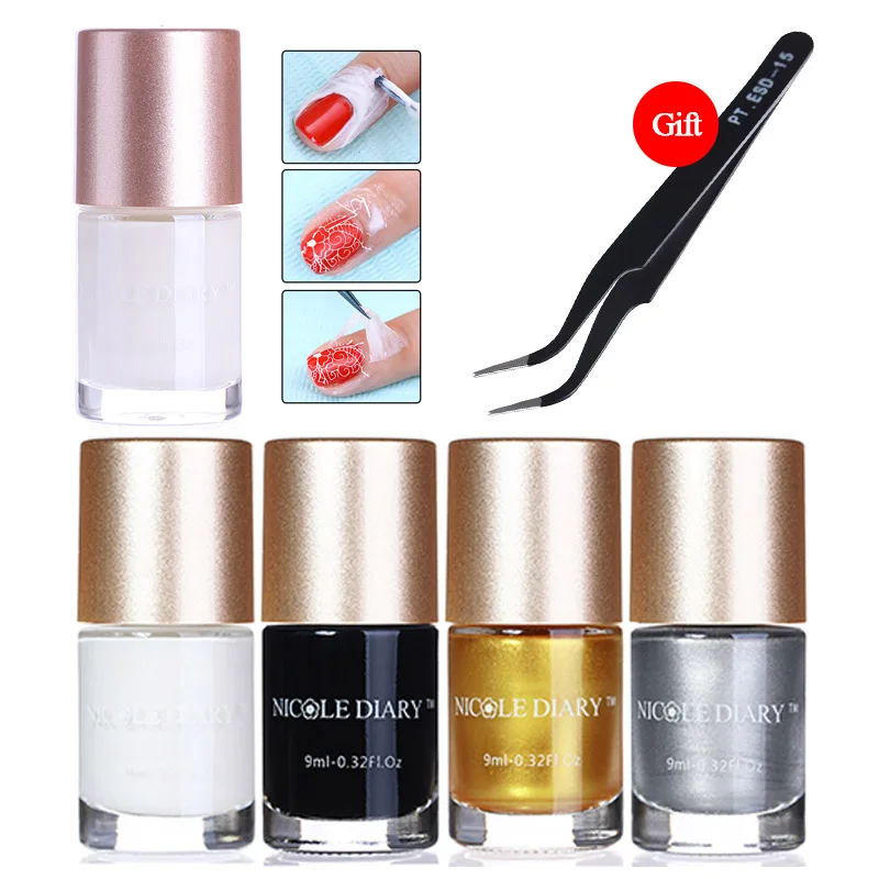 

NICOLE DIARY Nail Art Stamping Polish Cuticle Guard Latex Liquid Set Get Picking Curved Tweezer for Free