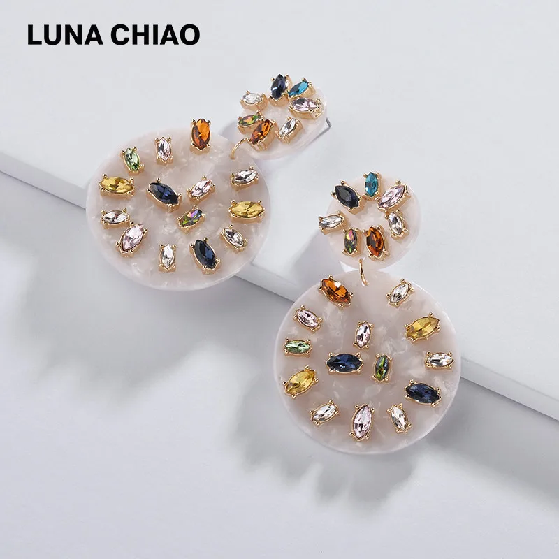 LUNA CHIAO Новое поступление двойные круглые леопардовые акриловые сережки с несколькими кристаллами, женские сережки с драгоценными камнями - Окраска металла: White