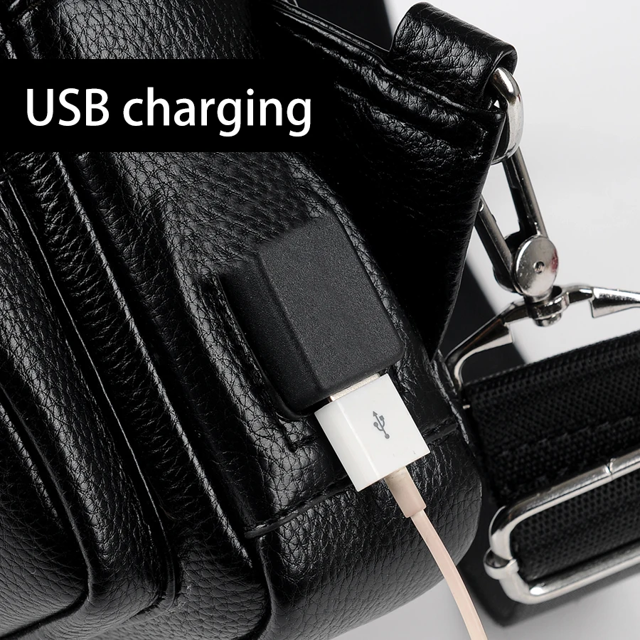 2021 Jackkevin Fashion Mens Shoulder Bag Burglarproof Black Leather Mens Chest Bag USB Charging Crossbody Bags Travel Bag