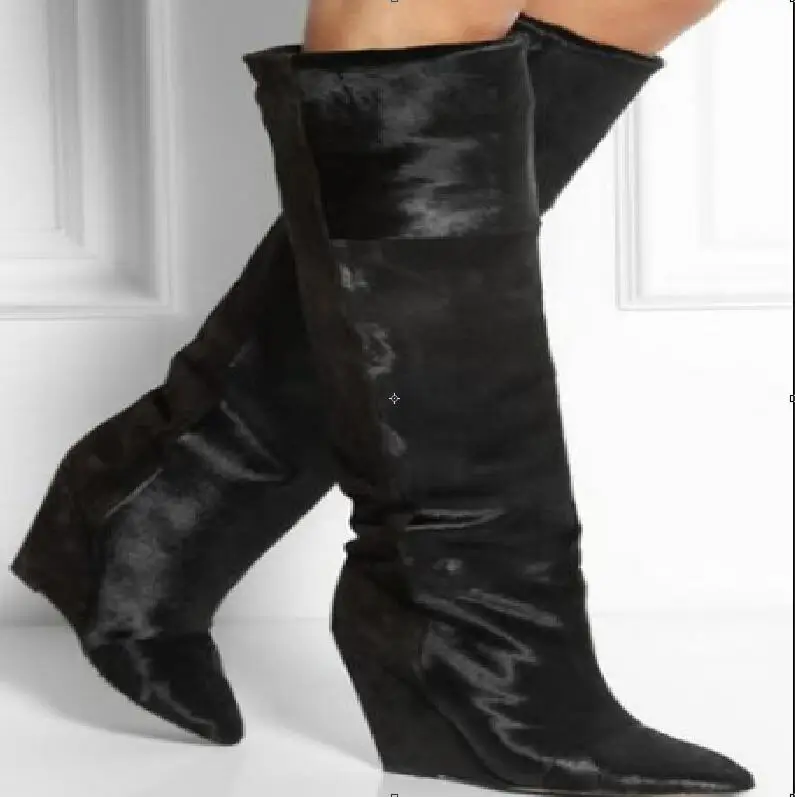 

2018 New Hot Fashion Sexy Black/red Horsehair Mid-Calf Shoe Pointed Toe Wedge Slip-On shoes women big Size Catwalk Women Boots