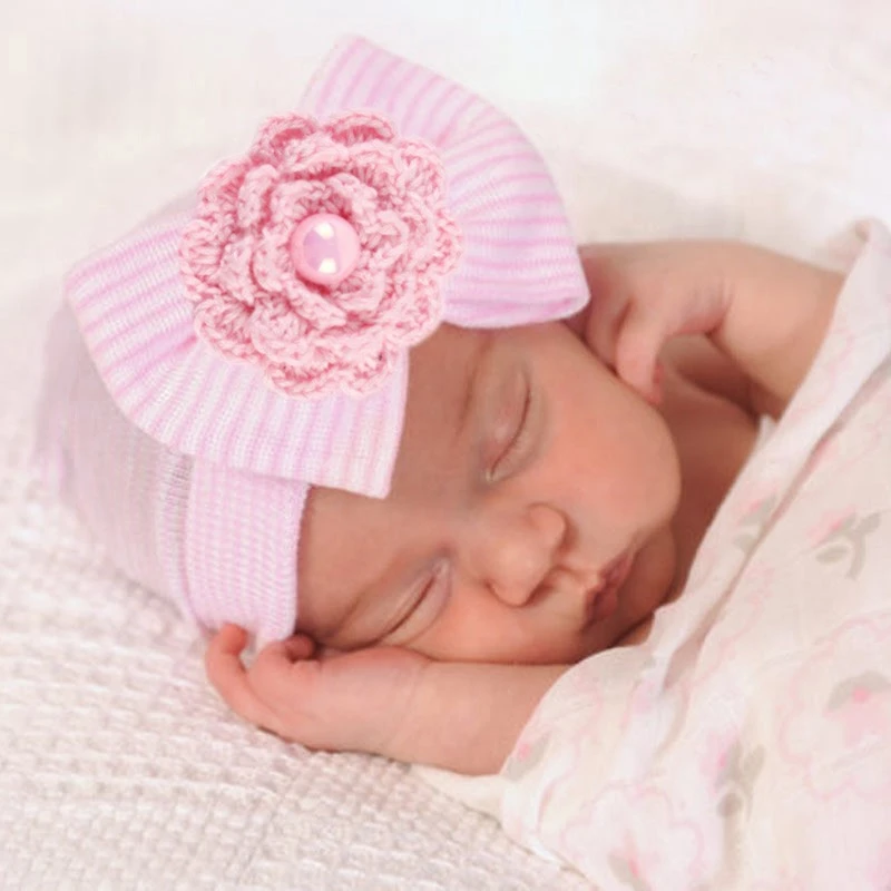 Newborn Baby Infant Girl Comfy PINK stripe Hospital Beanie mittens Hat set new 