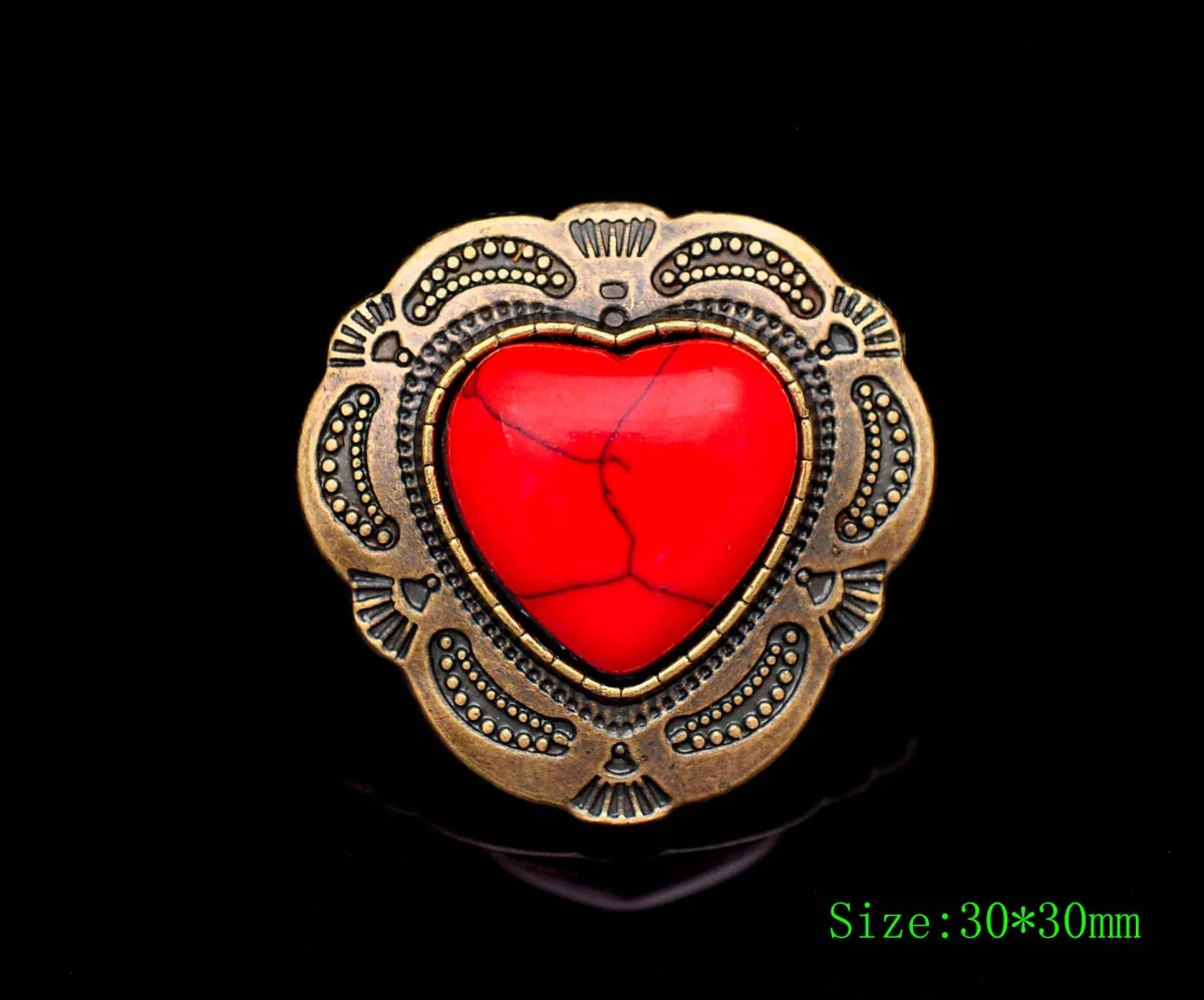 

30mm Retro Brass Tribal Southeast Flower Engraved Heart Turquoise Leathercraft Concho Button For Headstall Saddle Tack Decor