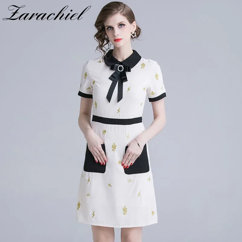 

Golden Embroidered Peter Pan Collar Pocket A-Line Dress Women 2019 Summer Short Sleeve Bowknot High Waist Office Lady Mini Dress