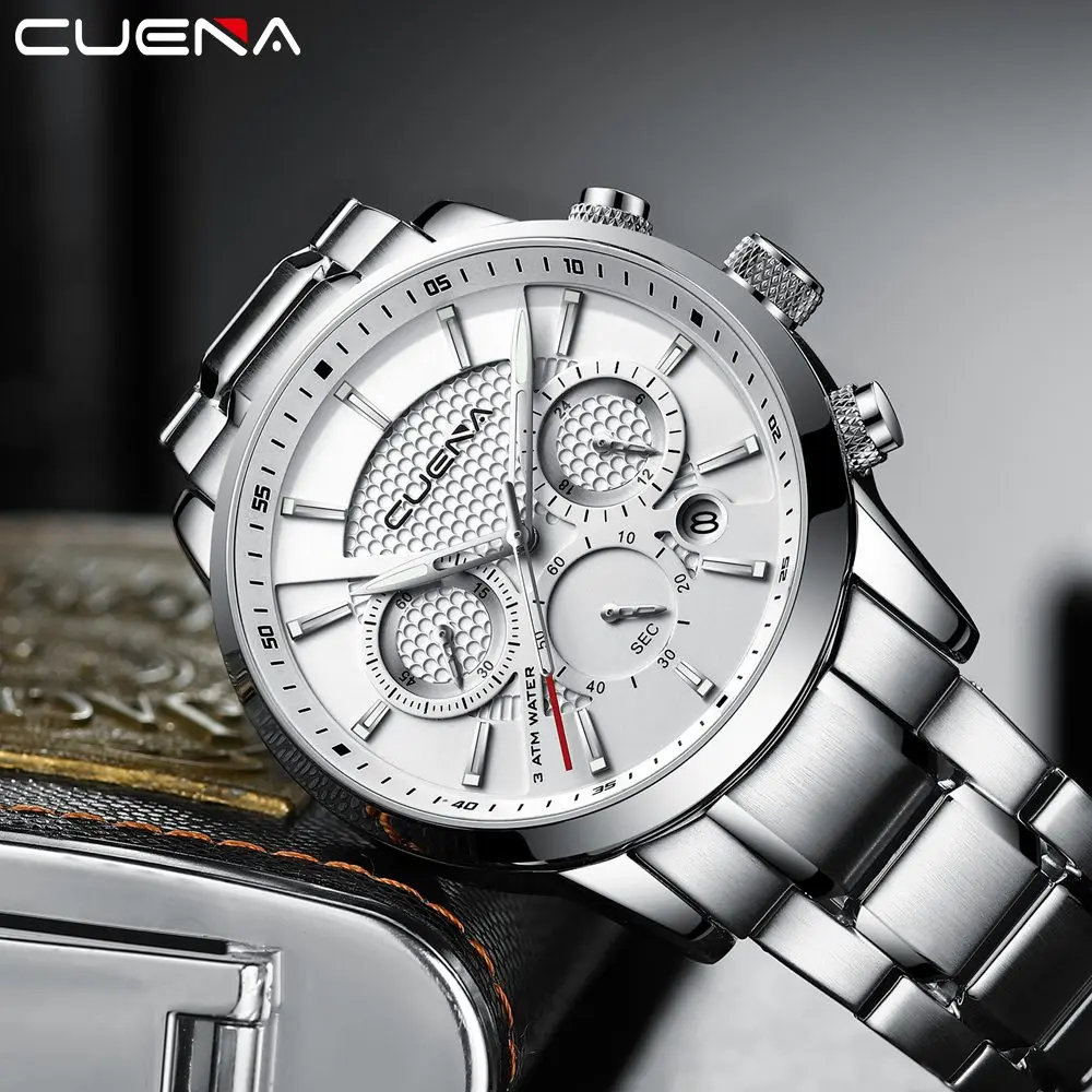

CUENA Top Brand Luxury Quartz Watch Men Chrono 3 Sub-dial 6 Hands Multifunction Fashion Stainless Steel Strap Wrist Watches 2018
