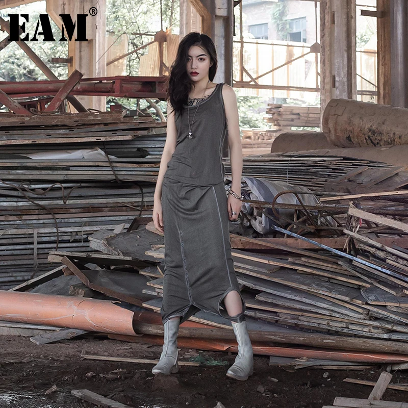 

[EAM] 2019 New Spring Summer Round Neck Sleevelsess 2 Side Wearing Do Old Temperament Long Dress Women Fashion Tide JX1671