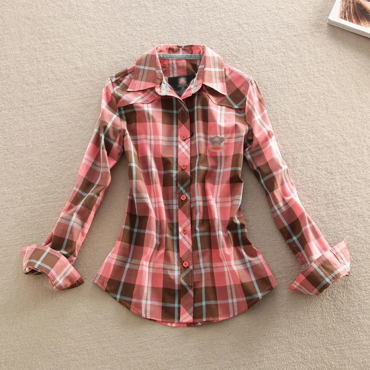 Red Checkered Shirt Women Flannel Shirt Casual British Color Block Long