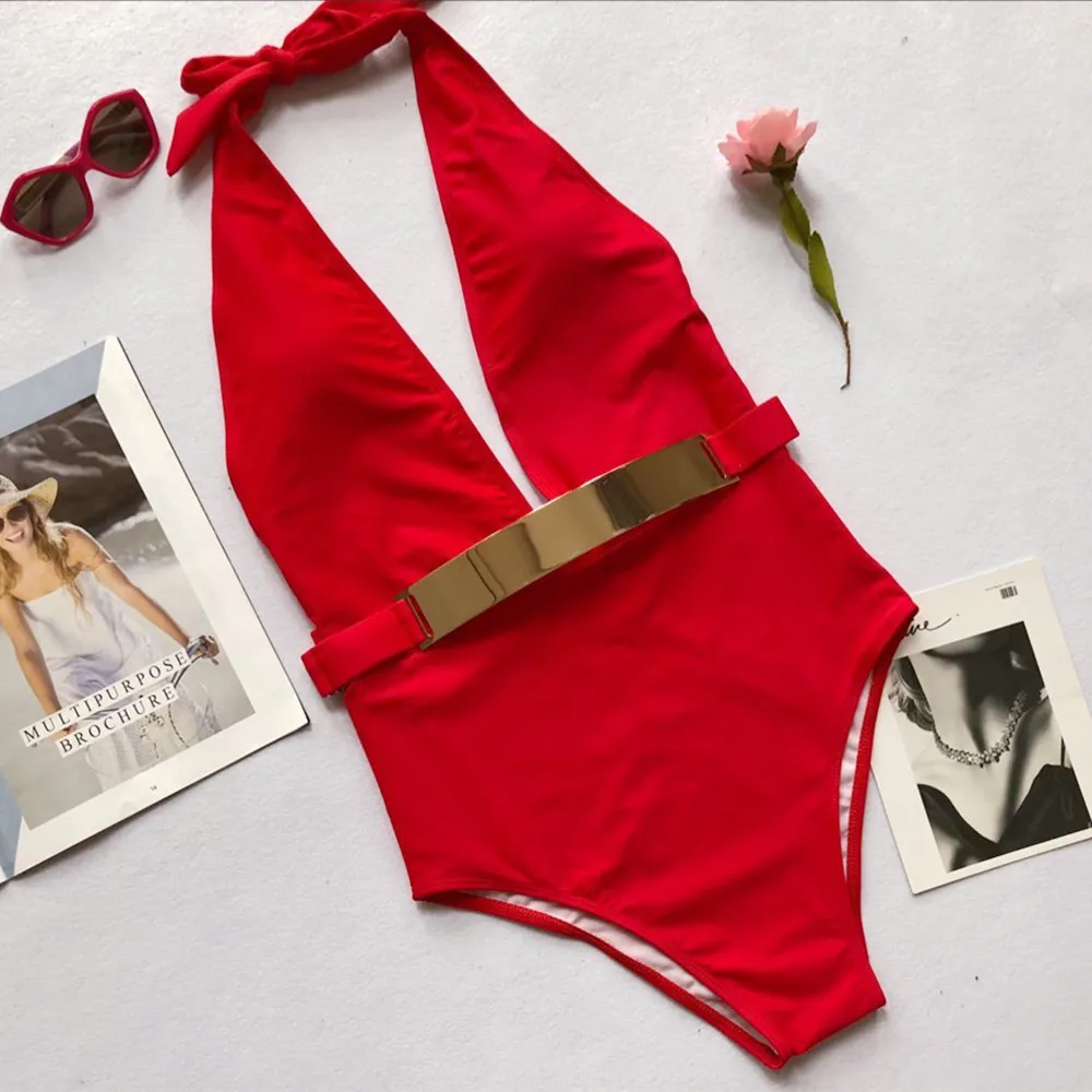 Buy Sexy Metal Girdle One Pieces Swimsuit Women V neck