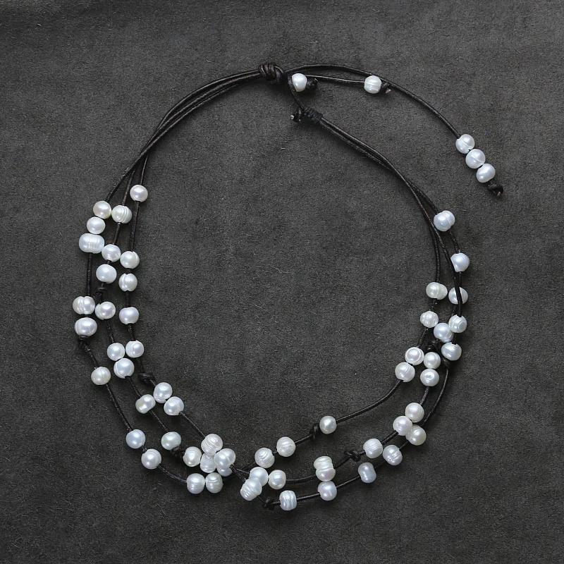 

Pearls Choker Freshwater Pearl Natural Genuine Leather 3 Layers Collar Necklace Natural Pearls Women Necklace Pearl Jewelry Gift