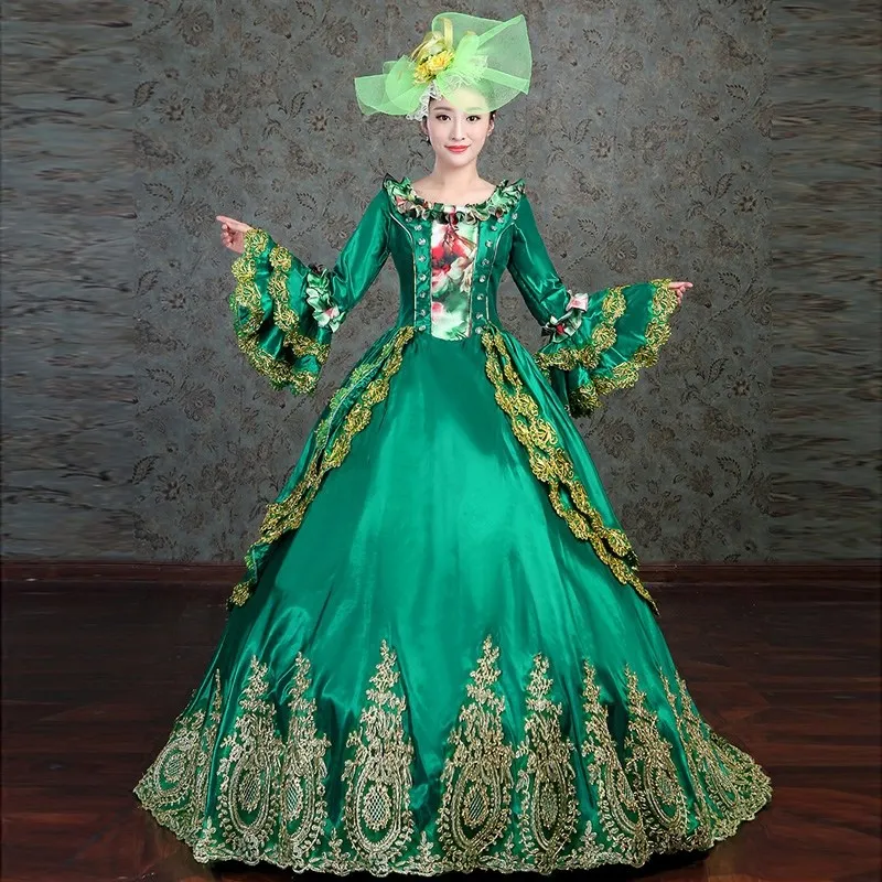 Free Shipping Gold Lace Decorate Vintage Boll Gown Palace Stage Dress Victorian Party Dress Include Hat (1)