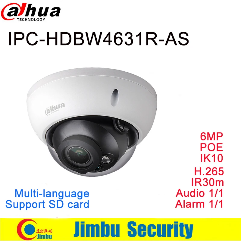 

Dahua IP Camera 6MP POE IPC-HDBW4631R-AS IR30m H.265 built-in SD card Audio and Alarm interface IP67 IK10 CCTV Camera