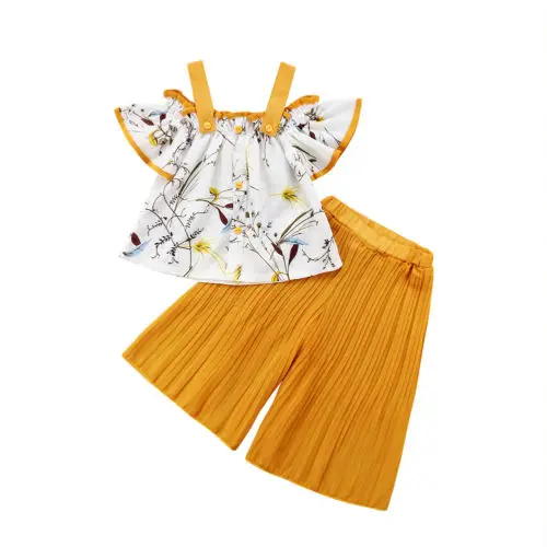

Girl Tops Off Shoulder Cute Loose Pants Casual 2pcs Outfits Set Clothes Kids Baby Girls Clothing Strap Floral 1-6T