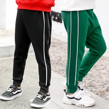 

Boys 4-14 Years Winter Autumn Full Length Ribbed Leg Openings Mid-Waist Pant Fashion Side Striped Warm Fleece Sports Trousers