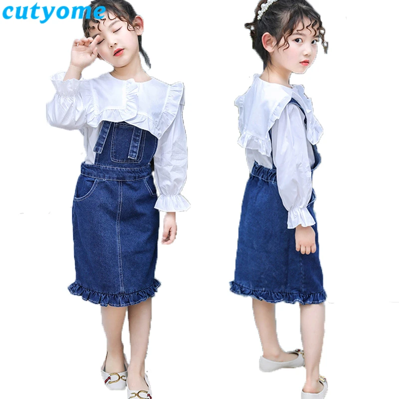 

2019 Spring Fall Korean Style Teenage Girls Clothes Set Turn-Down Collar White Blouse+Suspenders Denim Skirt Kids Clothes Sets