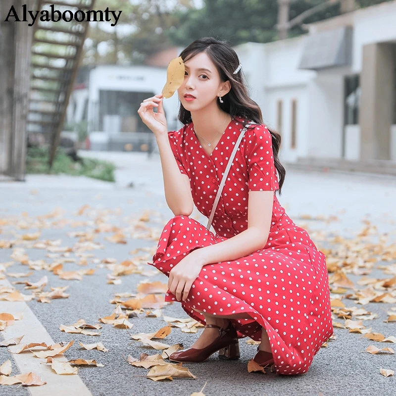 2019 летнее женское элегантное платье Mori Girl с v-образным вырезом и красным узором в