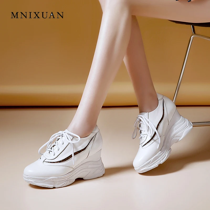 

MNIXUAN Handmade Women's vulcanized shoes flat platform high heels real leather spring new round toe lace up wedge casual shoes