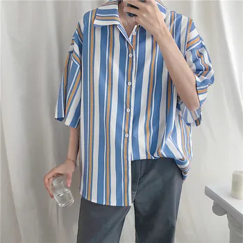 

2019 Summer Men's Fashion Trend Stripe Printing Hawaiian Shirt Male French Cuff Mens Brand Cotton Clothes Shirts Plus Size M-XL