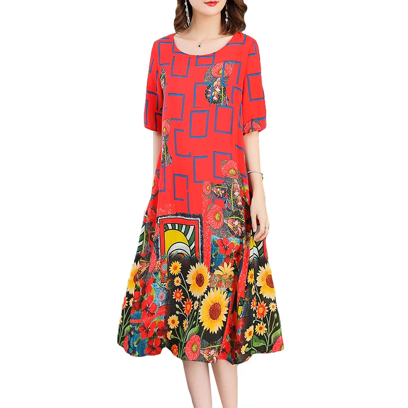 

2019 New Summer Dresses Women Loose O-neck Faux Silk Dress A-Line Plus Size Dress Short Sleeve Flower Printed Dress vestidos