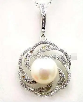 

Free Shipping>>new hot 11-13mm White Flat Round Pearl silver Rose Pendant silver 925 16'' necklace-6121