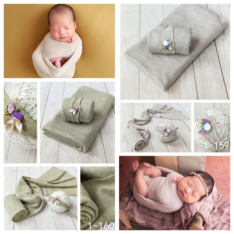 Newborn Baby Blanket Photography Props Headband cotton Stretchy Wrap Infant Accessories Set soft Background Blanket