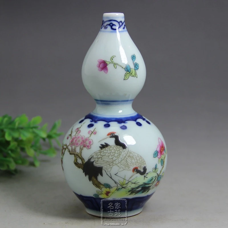 

Free delivery antique Ming and Qing porcelain gourd shaped vase painting decorative crafts handmade Home Furnishing Double-Crane