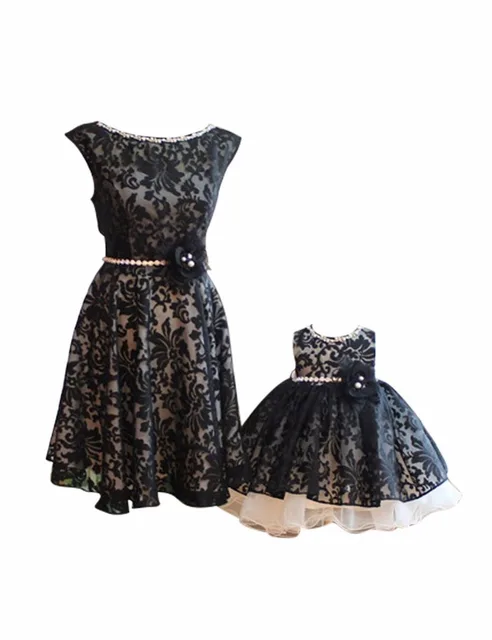 Best price at $180 Cheap Mother Daughter Gowns Black Lace Puffy Flower Girl Dresses 2016 Beaded Cheap Puffy Kids Prom Ball Gowns Cute Flower Girl Dress