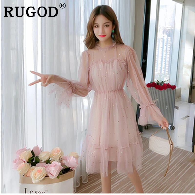 RUGOD 2019 сказочное Стильное женское платье Сетчатое лоскутное расшитое блестками с