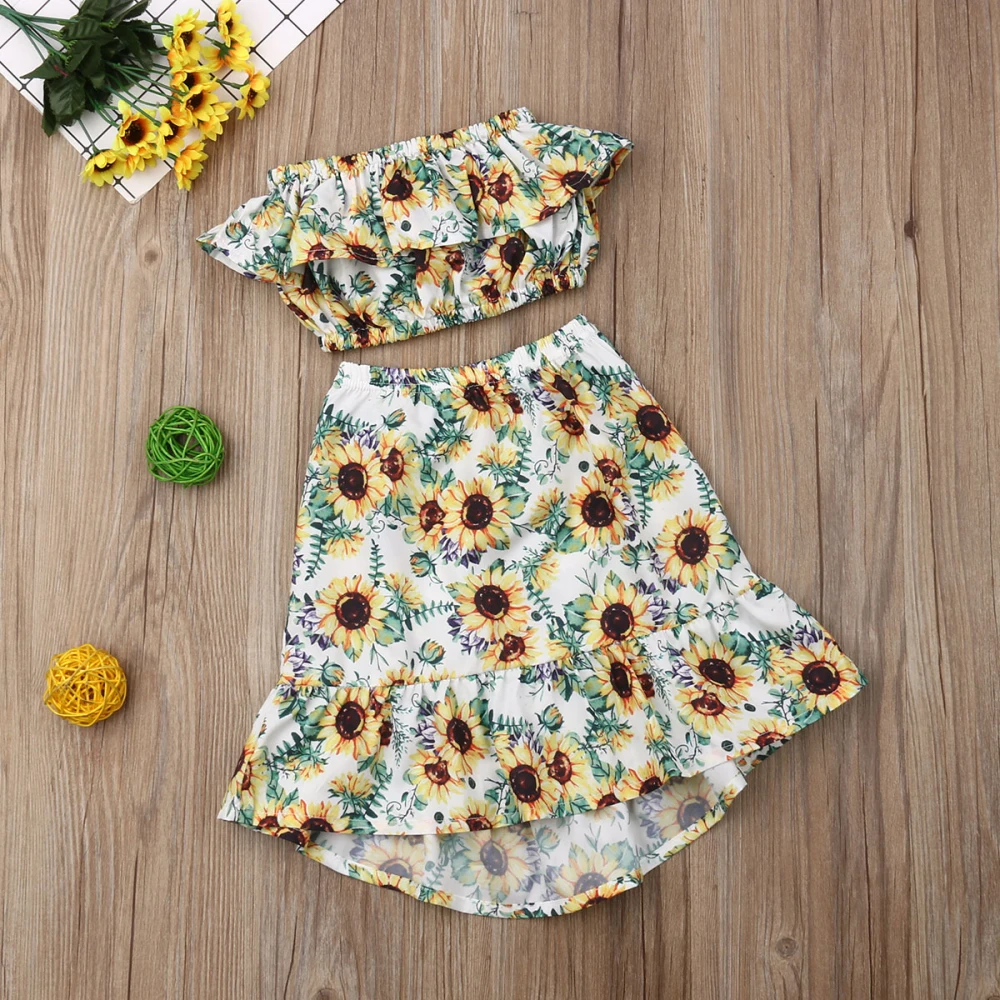 New Summer Fashion Toddler Kids Baby Girl Sunflower Outfits Set Ruffle Crop Top Skirt Sunsuit Clothes Set 1-6T