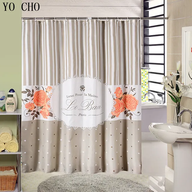 1905 49 De Réductionrideau De Douche En Tissu Imperméable Gris Rideau De Bain En Polyester Environnemental Rayure Paris Fleur Douche De Salle De