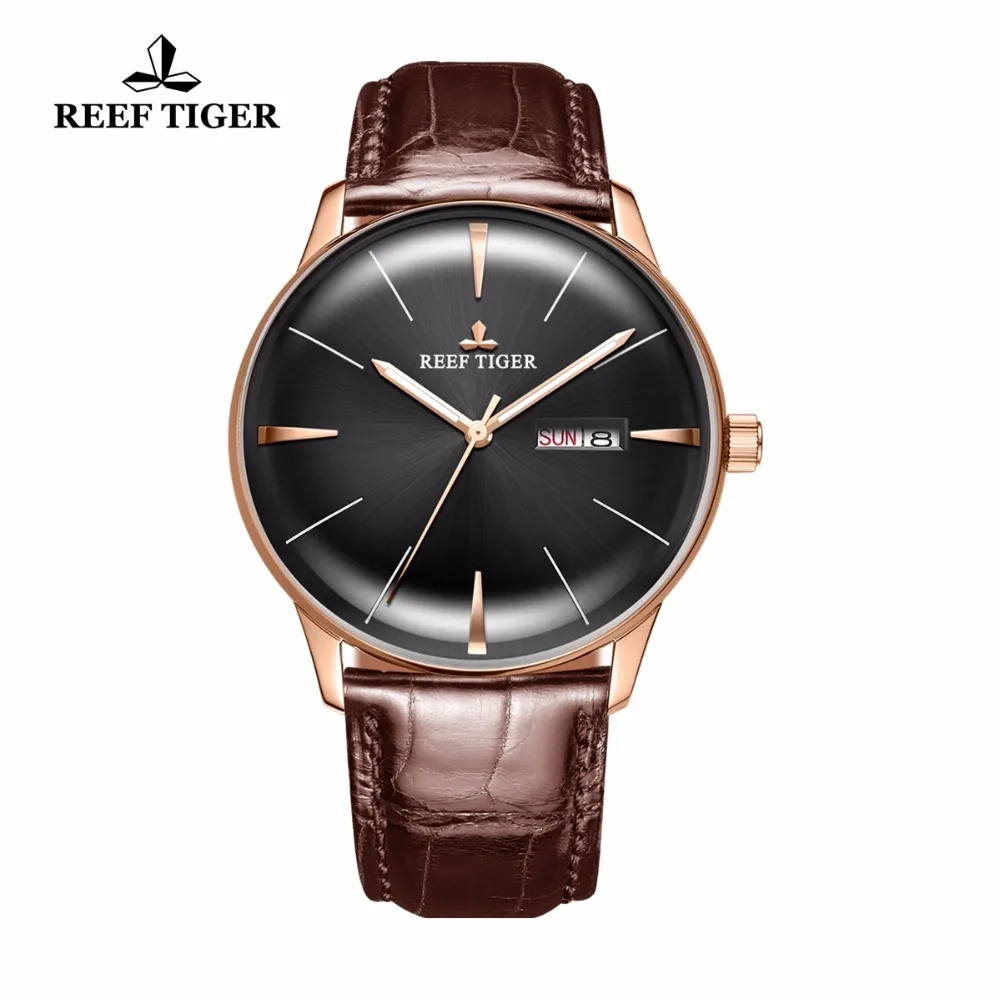 Мужские часы с автоподзаводом Reef Tiger/RT выпуклые линзой коричневым кожаным