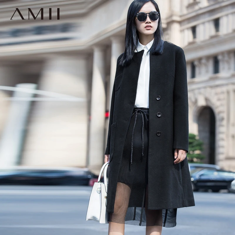 

Amii Casual Minimalist Women Woolen Coat 2018 Winter Single Breasted O Neck Pocket Female Wool Blends