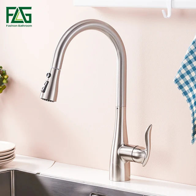 Best Price FLG Brushed Nickel Kitchen Faucet Pull Down Out Kitchen Tap Single Handle Brass Faucets Cold and Hot Water Sink Mixer 792-33N